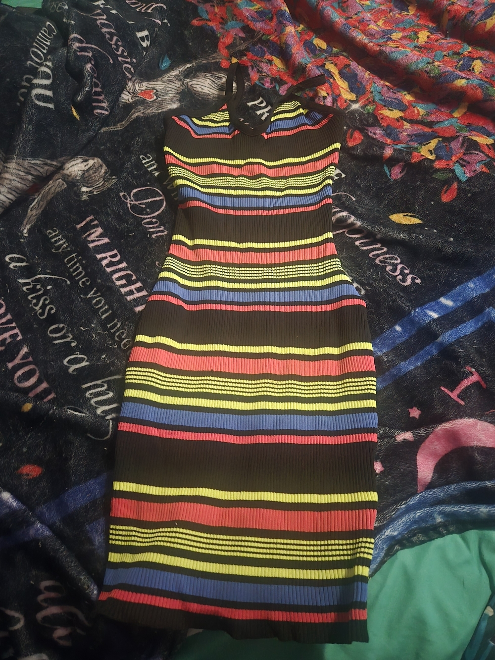 Women's Striped Bodycon Dress - Black with Multicolor Stripes